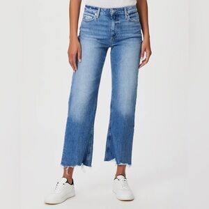 PAIGE Leenah Ankle Blue Flare Jeans with Frayed Hem